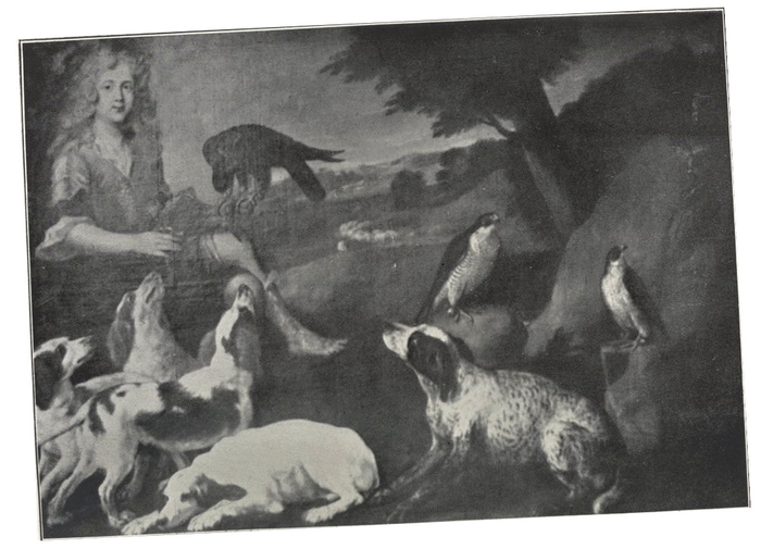 Le marquis de Fercourt avec son vol et ses chiens - Illustration tirée de l'ouvrage Un Siècle de Vènerie du comte du Passage - 1912 - Pairault (Paris)